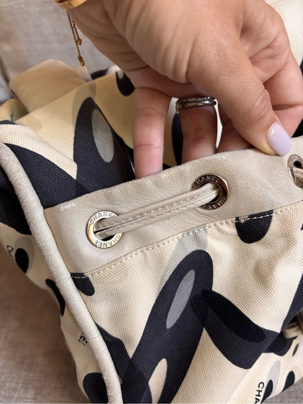 Authentic CHANEL vintage mini beige black Surfline canvas tote